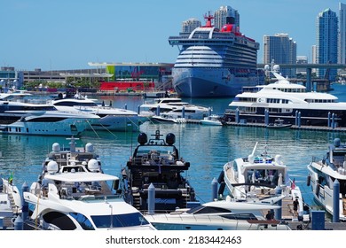 MIAMI, FL -18 MAY 2022- View Of Yachts In A Marina With The Downtown Miami Skyline In The Background.