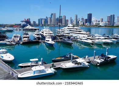 MIAMI, FL -18 MAY 2022- View Of Yachts In A Marina With The Downtown Miami Skyline In The Background.