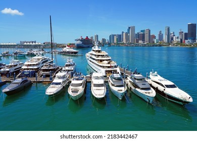 MIAMI, FL -18 MAY 2022- View Of Yachts In A Marina With The Downtown Miami Skyline In The Background.