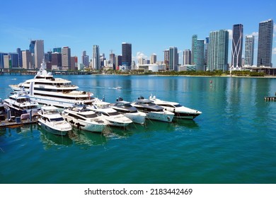 MIAMI, FL -18 MAY 2022- View Of Yachts In A Marina With The Downtown Miami Skyline In The Background.