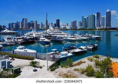 MIAMI, FL -18 MAY 2022- View Of Yachts In A Marina With The Downtown Miami Skyline In The Background.