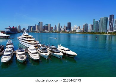 MIAMI, FL -18 MAY 2022- View Of Yachts In A Marina With The Downtown Miami Skyline In The Background.