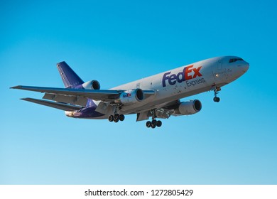 MIAMI, FL. - APRIL 2018: FedEx Cargo Jet On Approach To Runway At Miami International Airport, Florida, USA