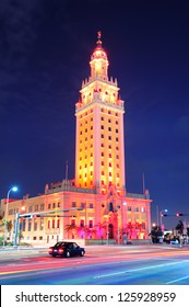 MIAMI, FL - FEB 7: Freedom Tower On Street On February 7, 2012 In Miami, Florida. As A Memorial To Cuban Immigration And Miami City Landmark, It Is Declared As US National Historic Landmark In 2008.