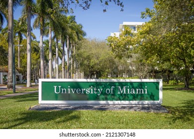 Miami, FL - January 29, 2022: University Of Miami Hurricanes College Campus Entrance Sign