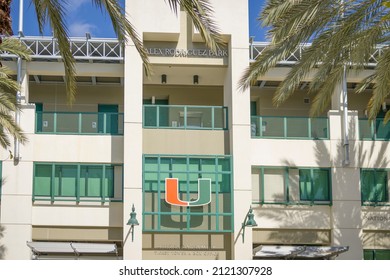 Miami, FL - January 29, 2022: University Of Miami Logo On Alex Rodriguez Park Baseball Stadium