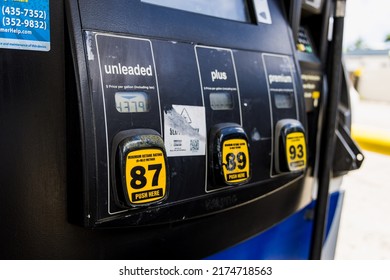 Miami, Fl - July 2nd 2022: The interactive selection board used to choose your gasoline type and display gas prices shows wear and tear. 