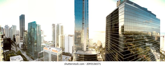 MIAMI, FL - MARCH 30, 2018: Panoramic Aerial View Of Downtown Miami Skyline At Sunset Panoramic View.