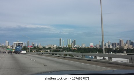 MIAMI, FL - OCTOBER 7, 2014: Skyscrapers And Other Buildings In Downtown Miami As Taken From Dolphin Expressway (FL-836)