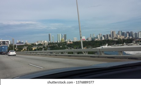 MIAMI, FL - OCTOBER 7, 2014: Skyscrapers And Other Buildings In Downtown Miami As Taken From Dolphin Expressway (FL-836)