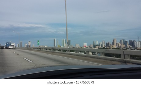 MIAMI, FL - OCTOBER 7, 2014: Skyscrapers And Other Buildings In Downtown Miami As Taken From Dolphin Expressway (FL-836)