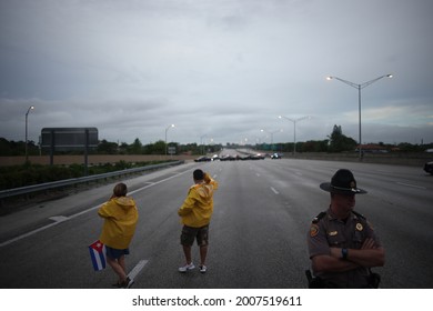 MIAMI, FL, UNITED STATES - JULY 13, 2021: Cubans Protesters Shut Down Part Of The Palmetto Expressway As They Show Their Support For The People In Cuba.