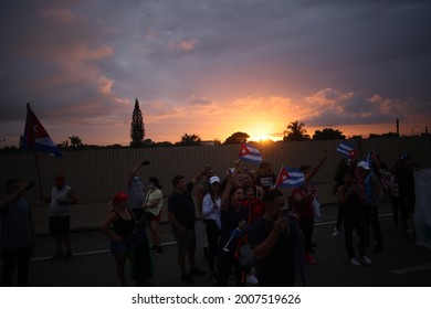 MIAMI, FL, UNITED STATES - JULY 13, 2021: Cubans Protesters Shut Down Part Of The Palmetto Expressway As They Show Their Support For The People In Cuba.