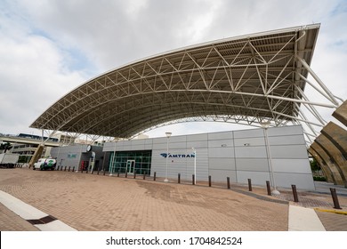 MIAMI, FL, USA - APRIL 14, 2020: Amtrak Tri Rail Station Miami International Airport Bus Stop