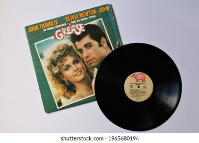 Miami, FL, USA: April 2021: Grease The Original Soundtrack from the Motion Picture. Original motion picture soundtrack for the 1978 film Grease on vinly record LP. 