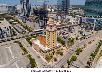 MIAMI, FL, USA - APRIL 22, 2020: Miami Freedom Tower Aerial Drone Photo