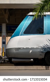 MIAMI, FL, USA - APRIL 22, 2020: Miami Metrorail People Mover Tram Idle At Downtown 