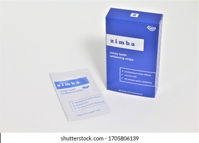 Miami, Fl / USA - April 6, 2020: Zimba Teeth Whitening Strips In A Blue Box, Isolated On A White Background.