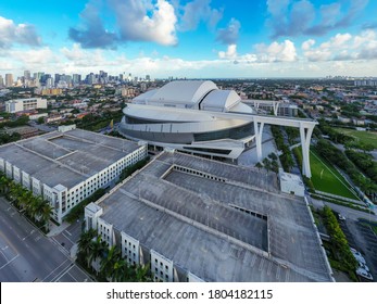 MIAMI, FL, USA - AUGUST 26, 2020: Aerial Photo Marlins Park Miami Florida With Beautiful Dramatic Sky LoanDepot Park