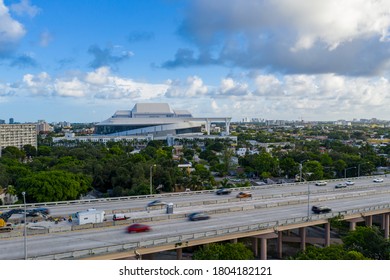 MIAMI, FL, USA - AUGUST 26, 2020: Aerial Photo Marlins Park Stadium With Dolphin Expressway In Foreground Miami Scene LoanDepot Park