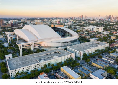 MIAMI, FL, USA - DECEMBER 20, 2018: Aerials Downtown Miami Drone PhotographyMarlins Park Baseball Sports Stadium Miami LoanDepot Park