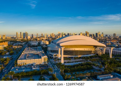 MIAMI, FL, USA - DECEMBER 20, 2018: Aerial Photo Marlins Park Miami Florida USA LoanDepot Park