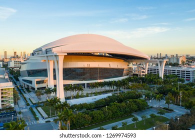 MIAMI, FL, USA - DECEMBER 20, 2018: Drone Image Of Marlins Park Miami LoanDepot Park