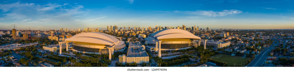 MIAMI, FL, USA - DECEMBER 20, 2018: Aerial Panorama Marlins Park Double Stadium Miami Florida LoanDepot Park