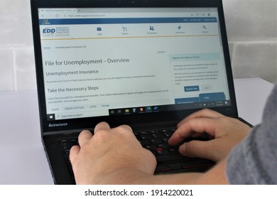 Miami, FL, USA- Feb 10, 2021: Person Living Out Of State Applying For Unemployment Insurance Benefits With California Employment Development Department, EDD, Due To COVID19 Pandemic Pua Peuc Fpuc 