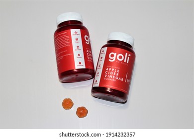 Miami, FL, USA- Feb 10, 2021: Bottles Of Goli Apple Cider Vinegar Gummies Displaying The Actual Pink Gummies. Daily Supplements. White Isolated Background. Gluten Free, Non Gmo