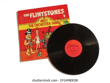 Miami, FL, USA- Feb 11, 2021: The Flintstones Meet The Orchestra Family Soundtrack Music Album On Vinyl Record LP Album Cover