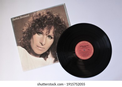 Miami, Fl, USA - Feb 12, 2021: Pop artist, Barbra Streisand music album on vinyl record LP disc. Titled: Memories album cover