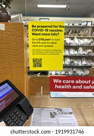 Miami, Fl, USA: Feb 18, 2021: CVS Pharmacy Information Sheet Regarding The COVID-19 Vaccine. Instructions For Scanning The QR Code Is Listed On The Sign For More Information Regarding The Vaccination.