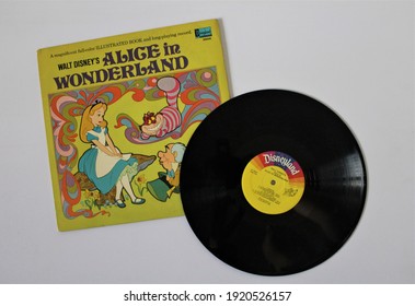 Miami, FL, USA- Feb 19, 2021: Alice In Wonderland Disney Movie Soundtrack Music Album On Vinyl Record LP Disc On White Isolated Background