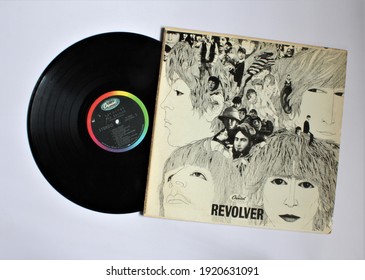 Miami, Fl, USA: Feb 19, 2021: English rock band The Beatles music album on vinyl record LP disc. Titled: Revolver 