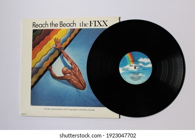 Miami, Fl, USA: Feb 20, 2021: New Wave And Art Rock Band, The Fixx Music Album On Vinyl Record LP Disc. Titled: Reach The Beach