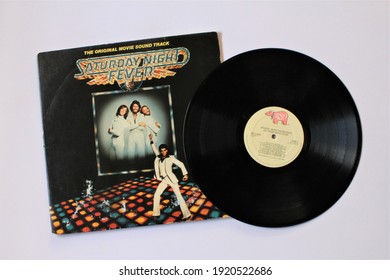 Miami, Fl, USA: Feb 2021: Saturday Night Fever, The Soundtrack Album From The 1977 Film Saturday Night Fever Starring John Travolta Featuring Music From The Bee Gees. Disco And Soul Music Album Cover