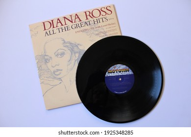 Miami, Fl, USA: Feb 26, 2021: RnB Soul Artist, Diana Ross Music Album On Vinyl Record LP Motown Disc. Titled: All The Great Hits Album Cover