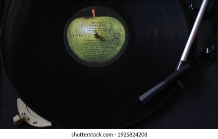 Miami, Fl, USA: Feb 27, 2021: Close-up  Vinylof English Rock Band The Beatles Music Album On Record LP Disc. Titled: Hey Jude