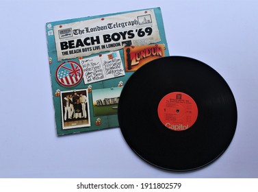 Miami, Fl, USA - February 07, 2021: Classic Rock Band, The Beach Boys Music Album On Vinyl Record LP Disc. Titled Live In London 1969 Album Cover