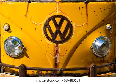 Miami, FL USA - February 12, 2017: Close Up View Of The Front End Of A Vintage Volkswagen Van Automobile.