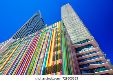 Miami, FL USA - February 14, 2017: The beautiful modern and colorful architecture of the luxury SLS Brickell Hotel in the popular downtown Brickell area.