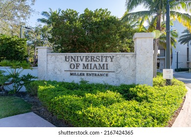 Miami, FL, USA - January 2, 2022: University of Miami ground sign at Miller Entrance. The University of Miami is a private research university.