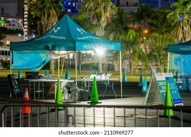 Miami, FL, USA - January 21 2022: Night Photo Mobile Health Unit Covid Testing Site Downtown Miami FL USA