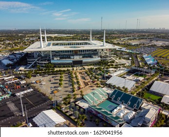 MIAMI, FL, USA - JANUARY 25, 2020: Aerial Photo Miami Super Bowl LIV Hard Rock Stadium