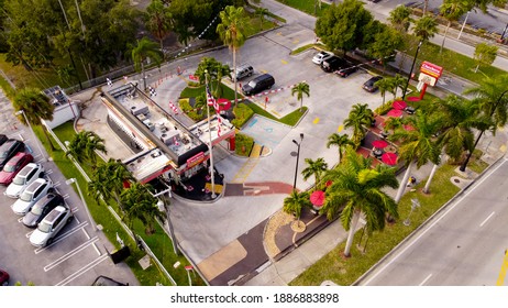 MIAMI, FL, USA - JANUARY 3, 2021: Checkers Retro Style Fast Food Restaurant And Drive Through Downtown Miami