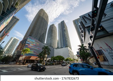 MIAMI, FL, USA - JULY 1, 2020: Wide angle photo Miami Brickell Heights and Centre