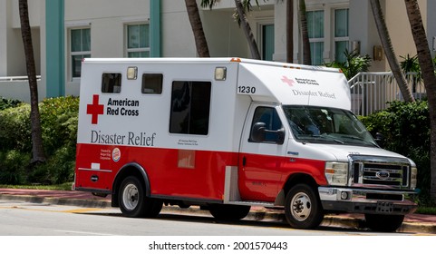 Miami, FL, USA - July 2, 2021: Photo Of An American Red Cross Disaster Relief Truck In Miami At The Champlain Towers Collapse Site