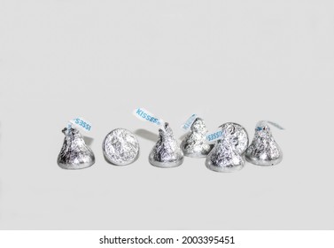 Miami, FL, USA: July 2021: Silver Hershey's chocolate kisses isolated on a white background