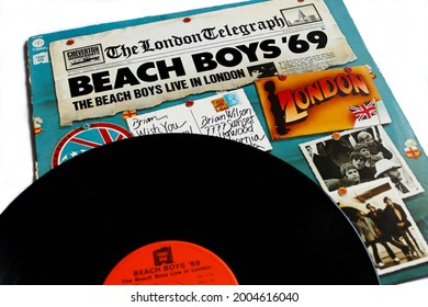 Miami, FL, USA: July 2021: Classic Rock Band, The Beach Boys Music Album On Vinyl Record LP Disc. Titled Live In London 1969 Album Cover